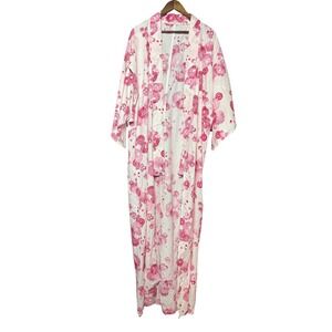 Unbranded Women NA Pink Floral Open Front Kimono Robe Duster Lightweight Resort